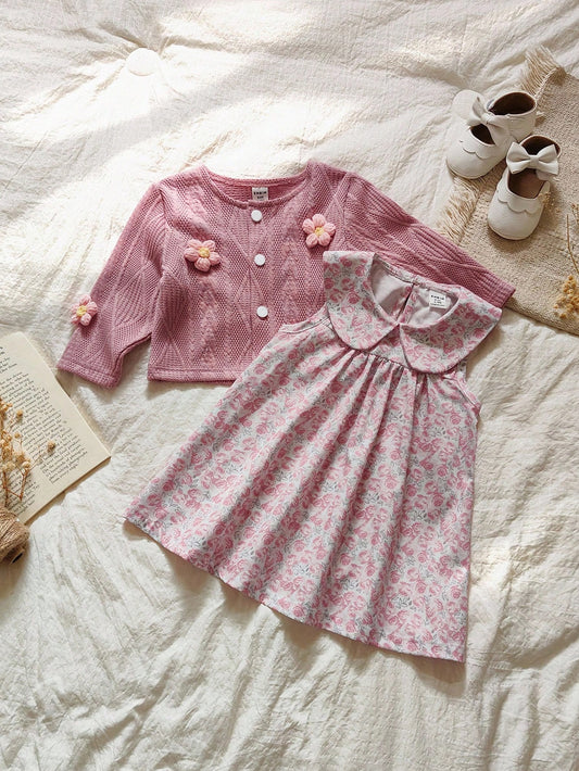 Baby Girls' Pink Sweet Ditsy Floral Collared Sleeveless Dress