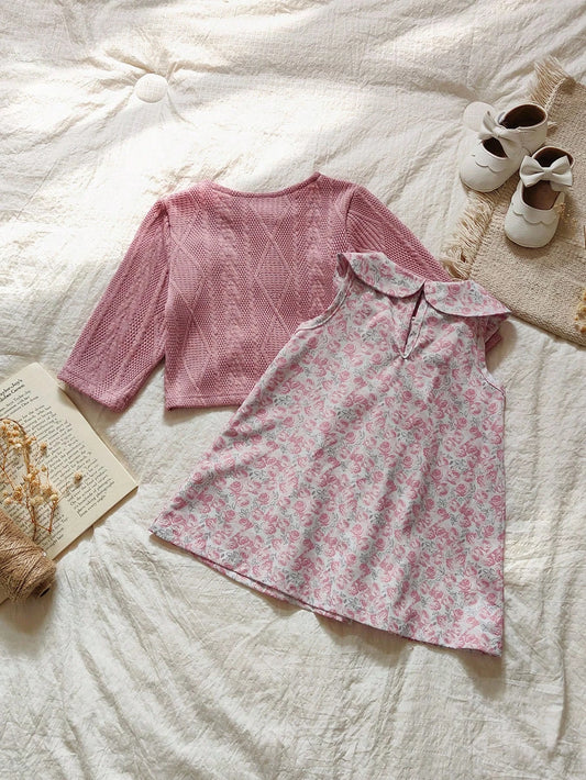 Baby Girls' Pink Sweet Ditsy Floral Collared Sleeveless Dress