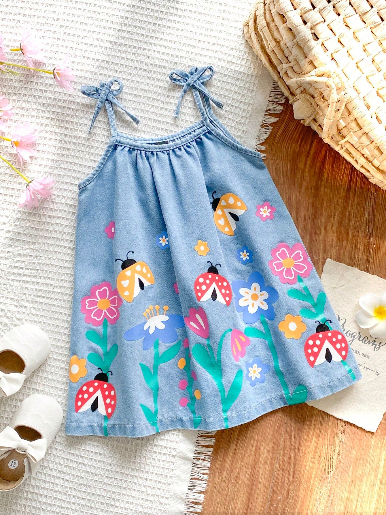 Baby Girls Retro Cute Denim Spaghetti Strap Dress With Bright Plants