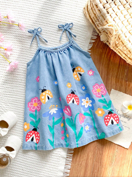 Baby Girls Retro Cute Denim Spaghetti Strap Dress With Bright Plants