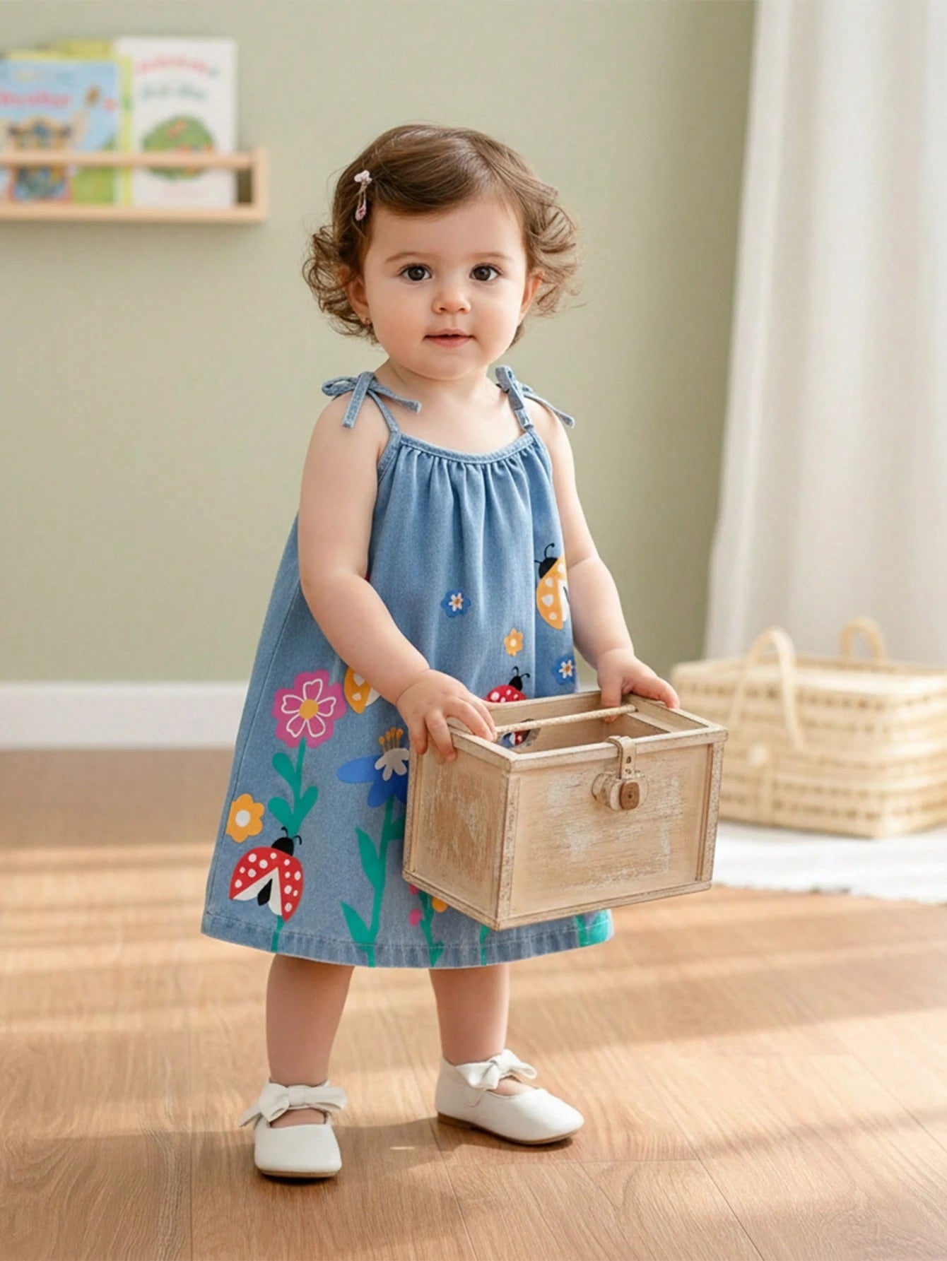 Baby Girls Retro Cute Denim Spaghetti Strap Dress With Bright Plants