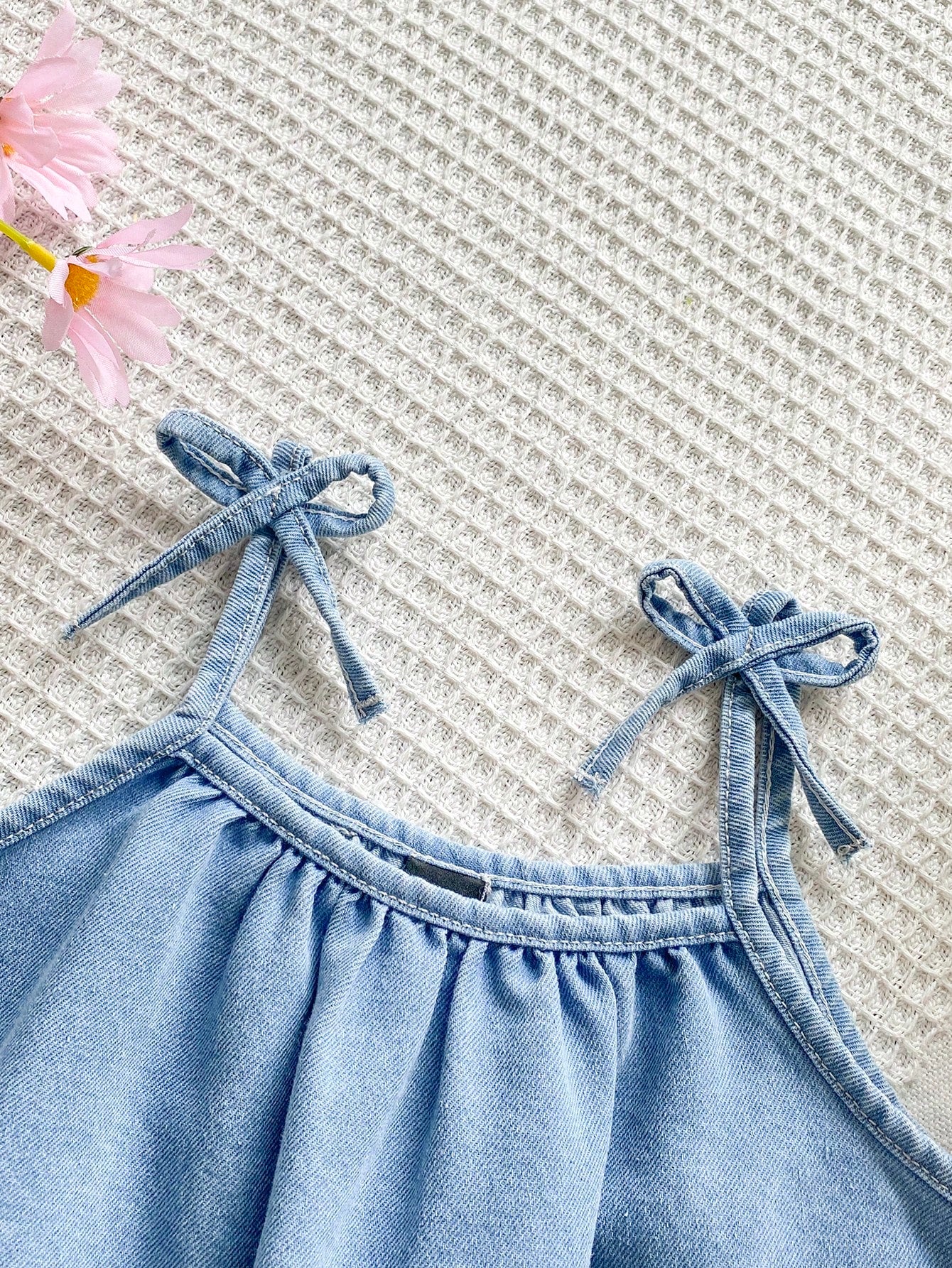 Baby Girls Retro Cute Denim Spaghetti Strap Dress With Bright Plants