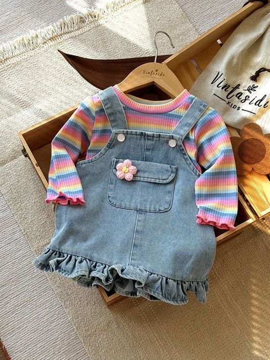 Colorful Striped Crew Neck Long Sleeve Sweater With Denim Pinafore Dress