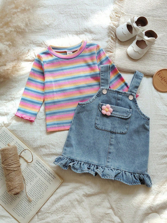 Colorful Striped Crew Neck Long Sleeve Sweater With Denim Pinafore Dress