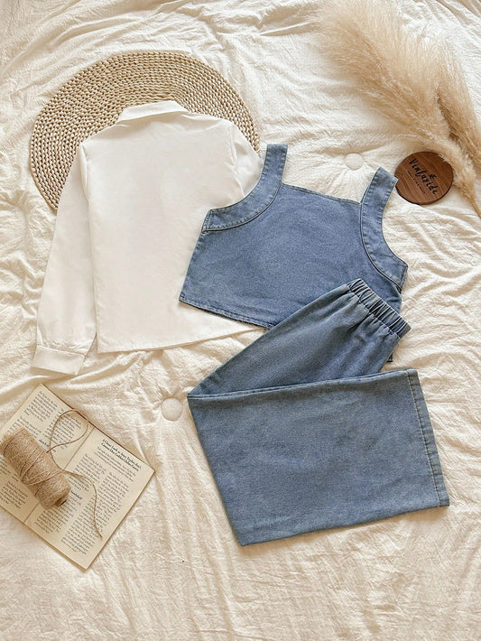 Denim Style Vest Paired With Simple Casual Long Sleeve Shirt And Washed Denim Pants