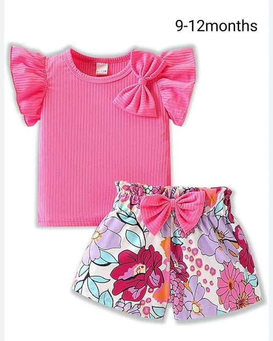 2pcs Set For Baby Girls, Cap Sleeve Cute Bow Blouse With Floral Printed Shorts 9-12M