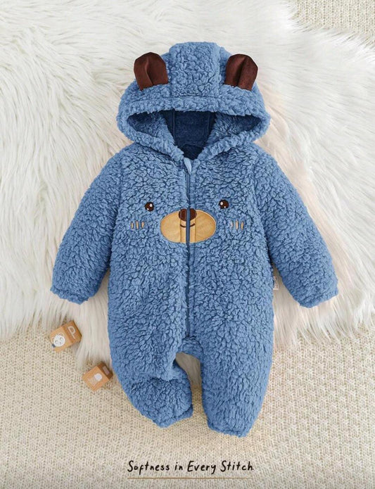 Newborn Baby Boy Bear Pattern 3D Ear Hooded Jumpsuit-S