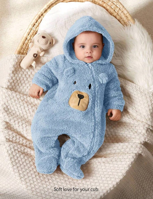 Newborn Baby Boy Cartoon Bear Ear Hooded Thick Long Sleeve Footed Romper-S