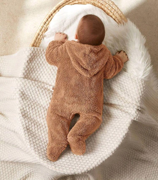 Baby Boy Cartoon Bear Ear Hooded Thick Long Sleeve Footed Romper