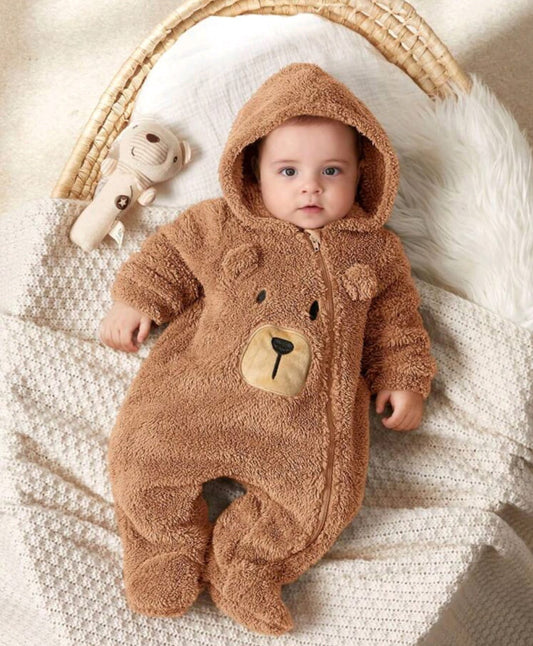 Baby Boy Cartoon Bear Ear Hooded Thick Long Sleeve Footed Romper 0-1M