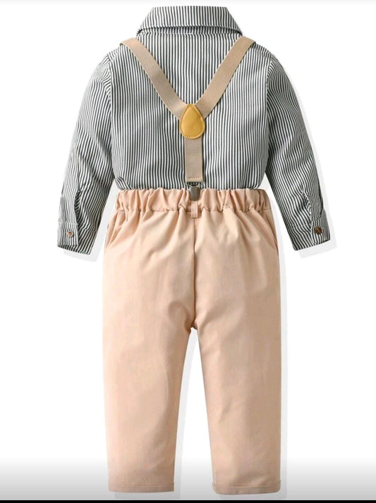 Young Boy Striped Bow Front Shirt & Pinafore Pants Set