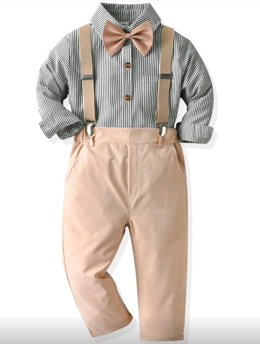 Young Boy Striped Bow Front Shirt & Pinafore Pants Set