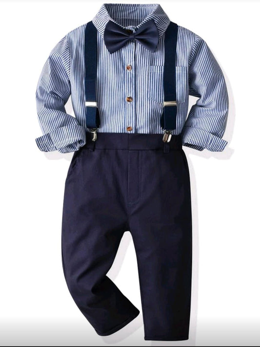 Young Boy Bow Front Striped Shirt & Suspender Pants Chic Outfits