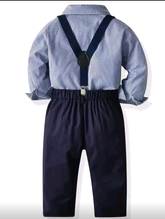 Young Boy Bow Front Striped Shirt & Suspender Pants Chic Outfits