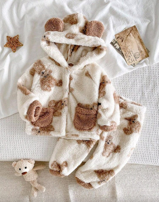2pcs Baby Girls Fluffy Cartoon Bear Print Hooded Cardigan Top And Lantern Pants Pajama Set 2-3Y