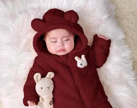 SHEIN Newborn Baby Girl Cute Pink Fuzzy Cartoon Hooded Jacket And Elastic Waist Pants 6-9M