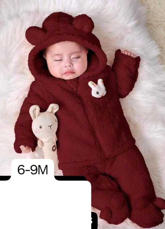 SHEIN Newborn Baby Girl Cute Pink Fuzzy Cartoon Hooded Jacket And Elastic Waist Pants