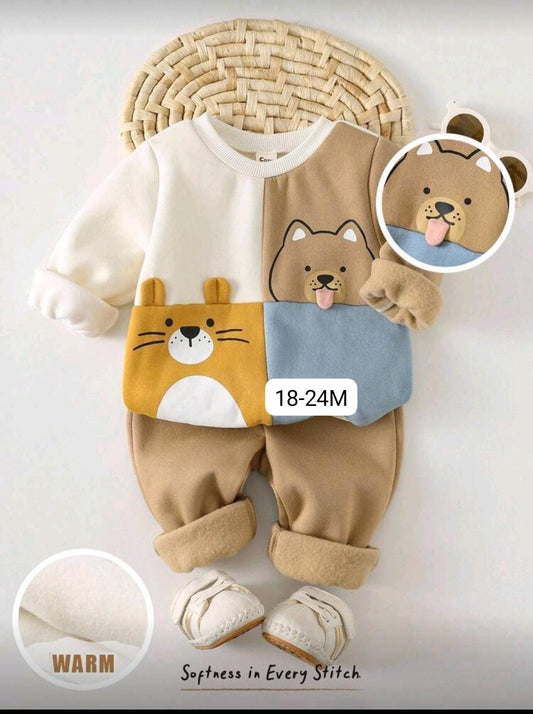 aby Boy Cartoon Animal Graphic Patchwork Contrast Color Thermal Lined Soft Knit Crew Neck Sweatshirt And Elastic Waist Jogger Pants Set 18-24M