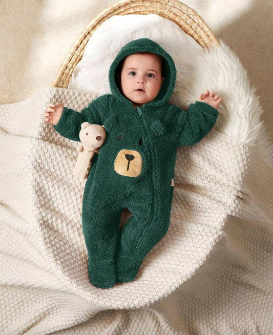 Newborn Baby Boy Cartoon Bear Design Ear Hooded Thermal Lined Thick Long Sleeve Footie Pajamas