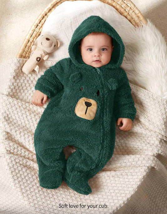 Newborn Baby Boy Cartoon Bear Design Ear Hooded Thermal Lined Thick Long Sleeve Footie Pajamas 1-3M