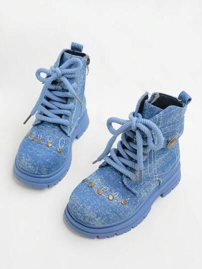 1 Pair Children's Round Toe Boots With Side Zipper And Front Lace