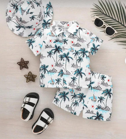 Tropical Palm Print Shirt & Shorts Set with Matching Bucket Hat