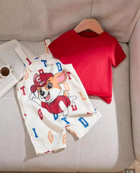 Cartoon Puppy Graphic Dungaree Shorts & T-Shirt Set