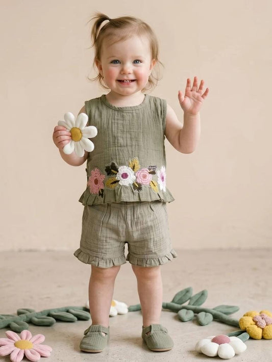 Floral Embroidered Cotton Top & Ruffle Shorts Set