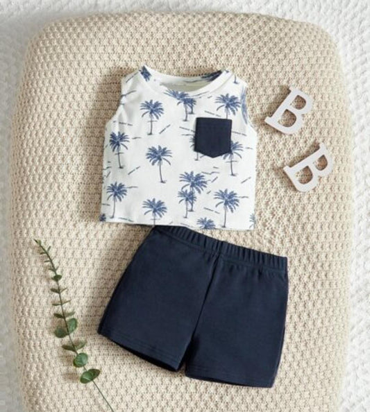 Palm Tree Print Tank Top & Solid Shorts Summer Set