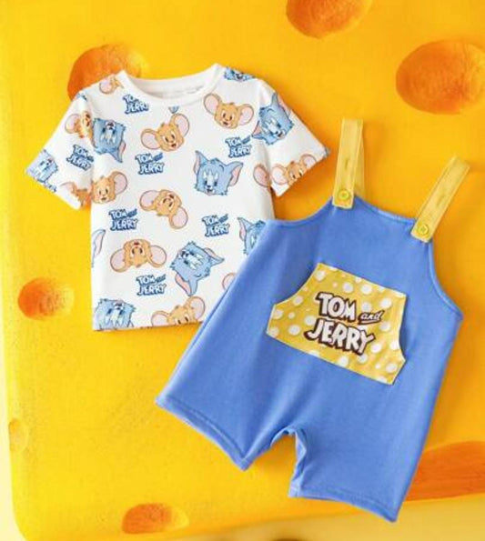 Tom & Jerry Printed T-Shirt & Suspender Romper Set