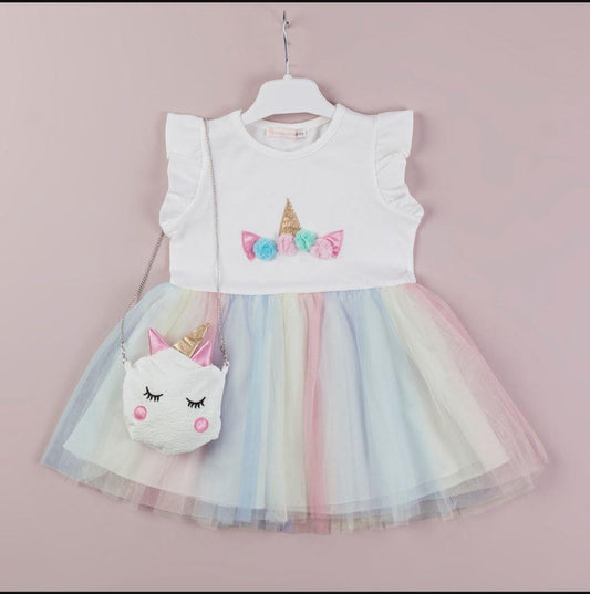 Unicorn Rainbow Tulle Party Dress with Crossbody Bag