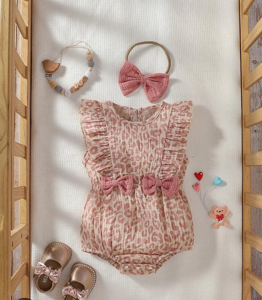 Sweet Leopard Print Ruffle Romper with Bow Headband Set