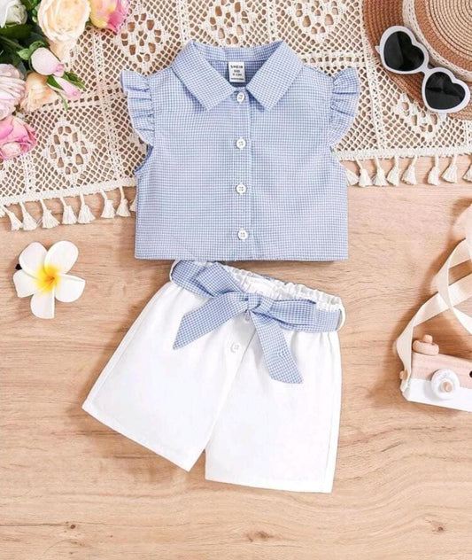 Adorable 2-piece baby girl gingham-print blouse paired with shorts