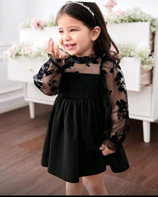 Elegant & Cute Black Mesh Patchwork Long Sleeve Dress