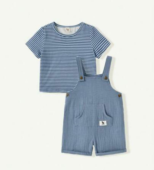 Faux Pocket Suspenders Shorts and Striped Short Sleeve Hat, 3pcs Casual Set