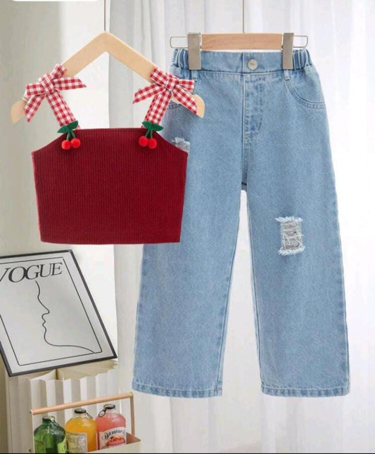 Cherry Bow Knit Cami & Distressed Wide Leg Jeans Set
