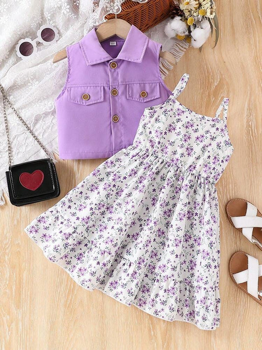Solid Sleeveless Short Shirt Jacket And Allover Ditsy Floral Dress Set