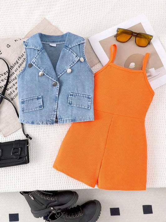 2pcs Girls Vintage Denim Vest & Suspender Jumpsuit Set