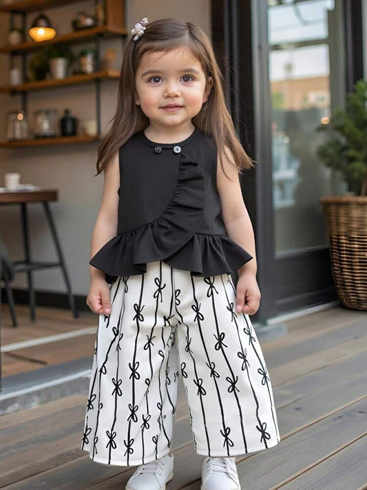 Ruffle Splice Asymmetrical Top And All-Over Butterfly Print Wide Leg Pants Set