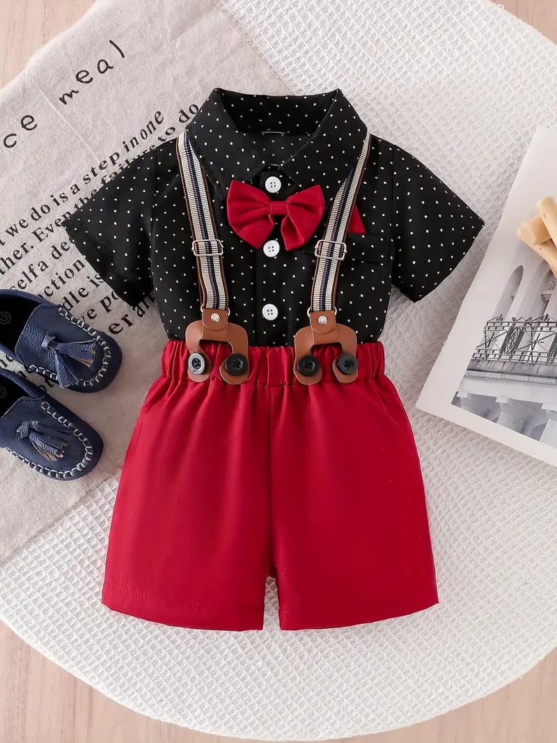 Polka Dot Shirt & Suspender Shorts Gentleman Outfit Set