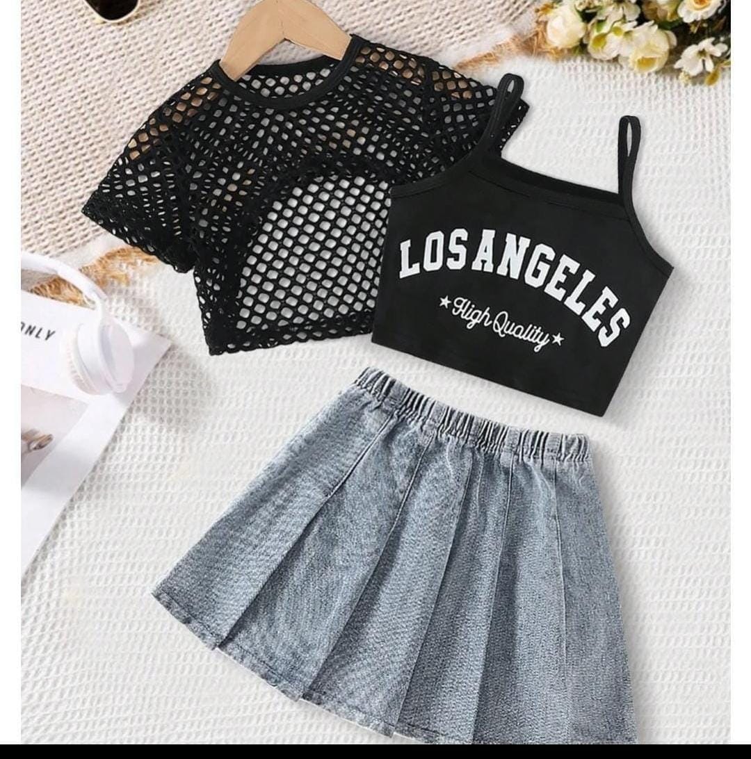 Los Angeles Graphic Cami, Mesh Crop Top & Pleated Skirt Set