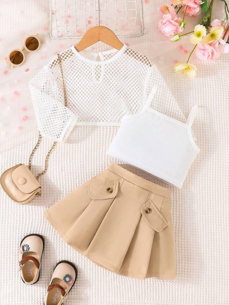 Mesh Crop Top, Cami & Pleated Skirt Set with Mini Crossbody Bag