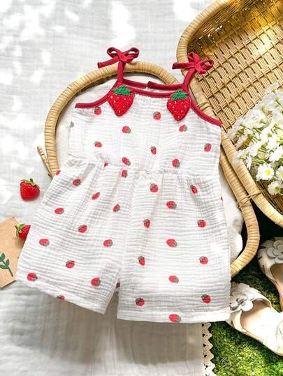 Sweet Strawberry Embroidered Sleeveless Romper
