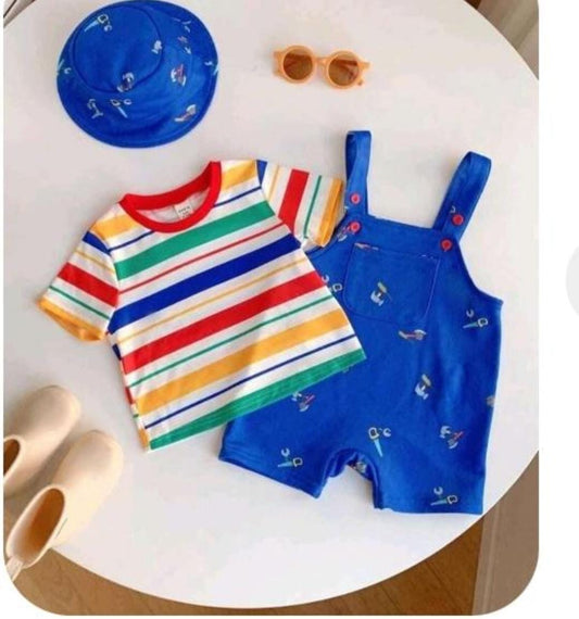 Rainbow Stripe Tee & Sailor Print Short Overalls Set with Bucket Hat