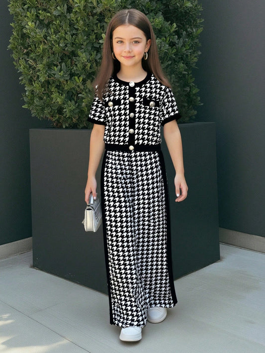 Houndstooth Knit Cardigan Top & Wide Leg Pants Co-Ord Set