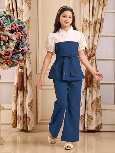 Bow Belt Peplum Top & Wide Leg Pants Co-Ord Set