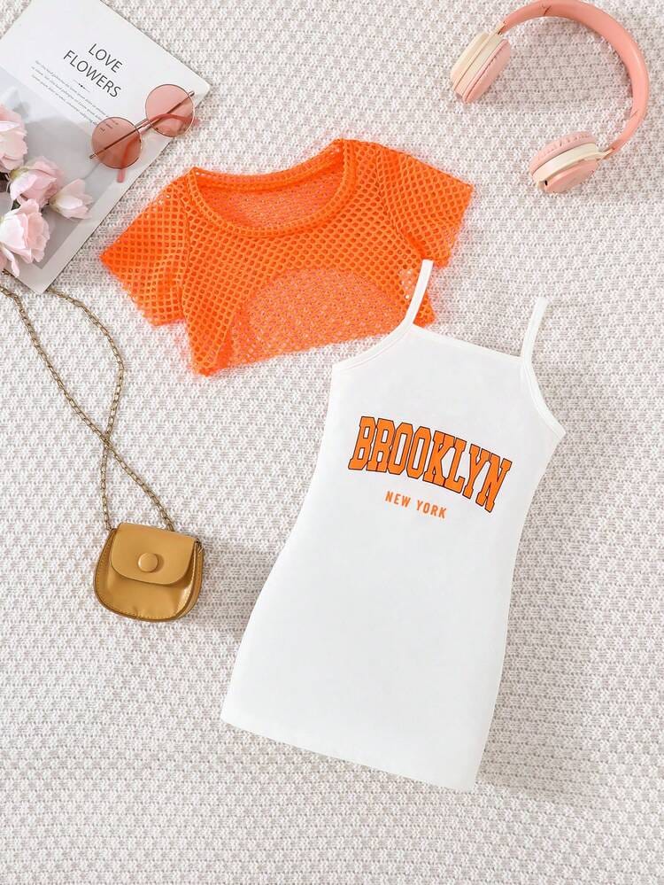 Graphic Cami Dress with Neon Mesh Crop Top & Mini Crossbody Bag Set