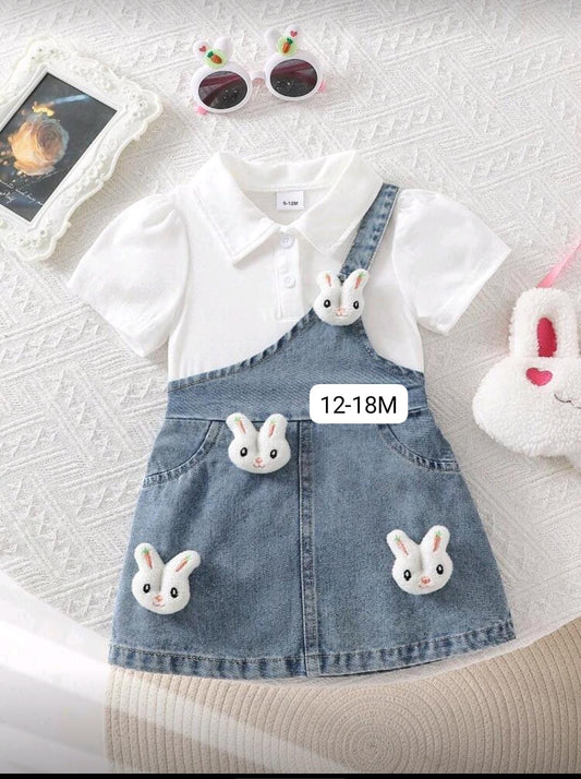 Mummy & Mee Baby Girls' Sleeve Polo Shirt And 3D Rabbit Denim 12-18M