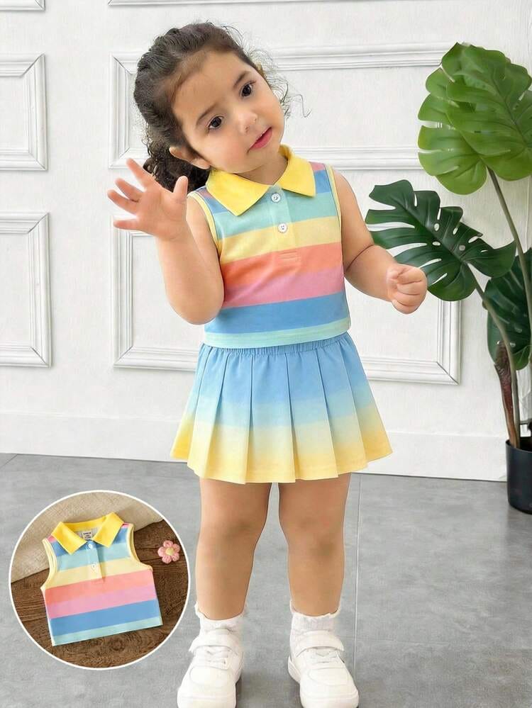 Rainbow Stripe Polo Top & Pleated Skirt Set