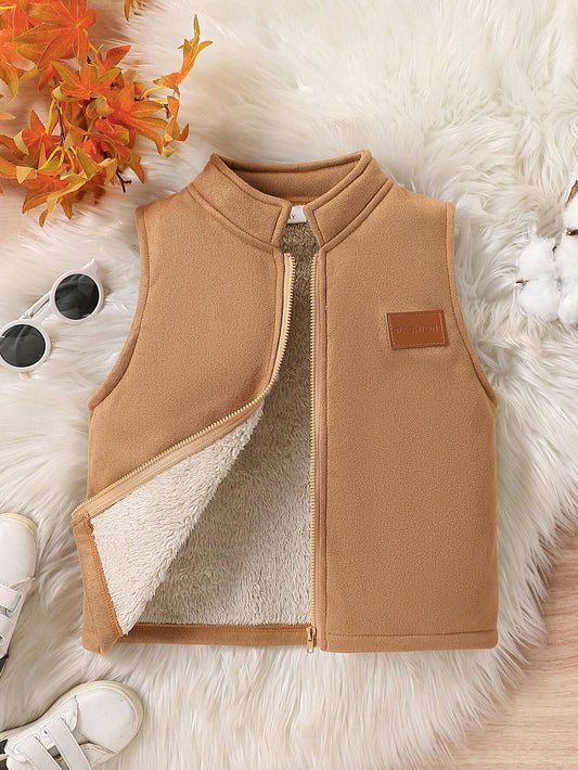 Young Boys Fashion Casual Thermal Lined Faux Leather Patch Decorated Stand Collar Zipper Vest-S